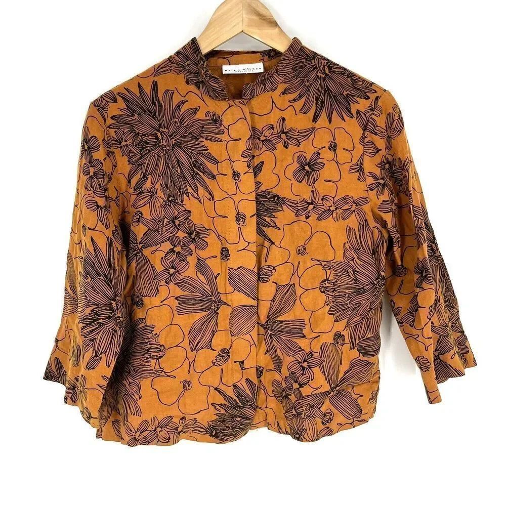 Bryn Walker Shirt Jacket Size XS Womens Rust Floral Linen Button Up Blouse Crop